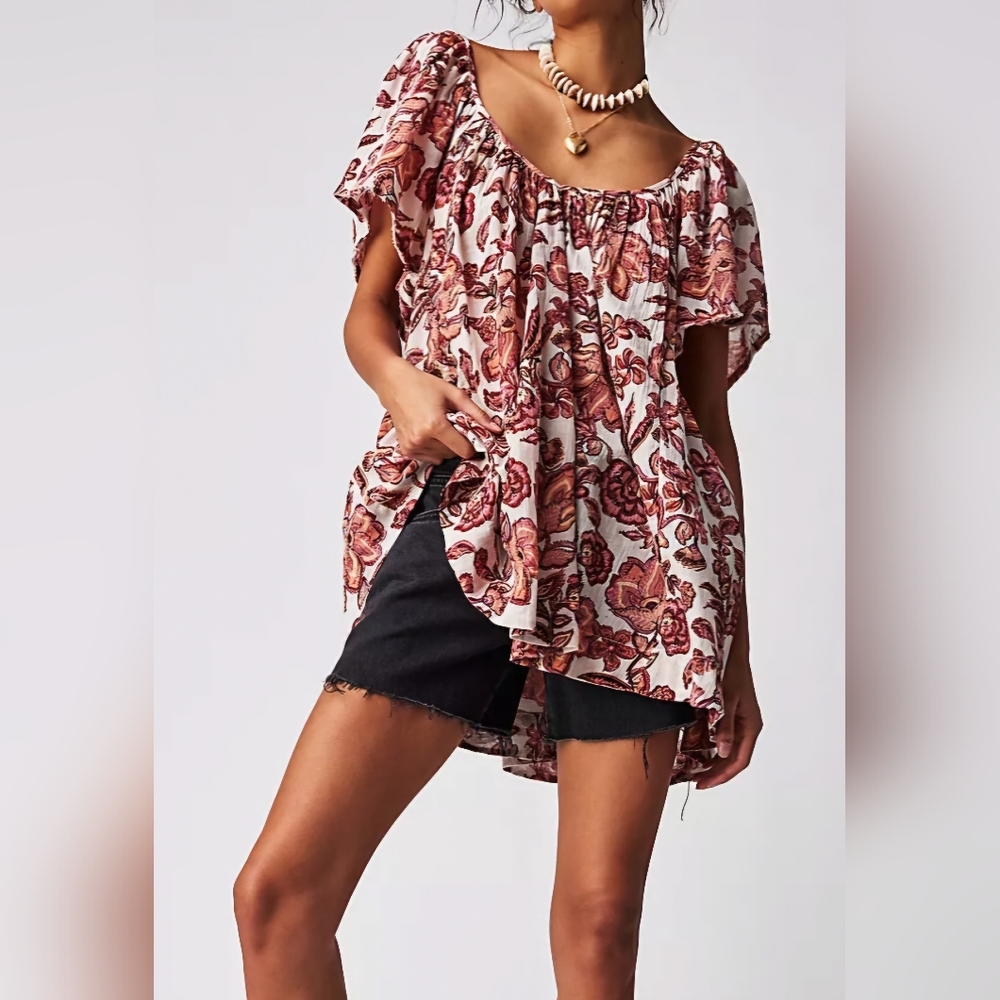 FREE PEOPLE Kauai Getaway Printed Tunic ~IVORY COMBO ~SMALL **NEW